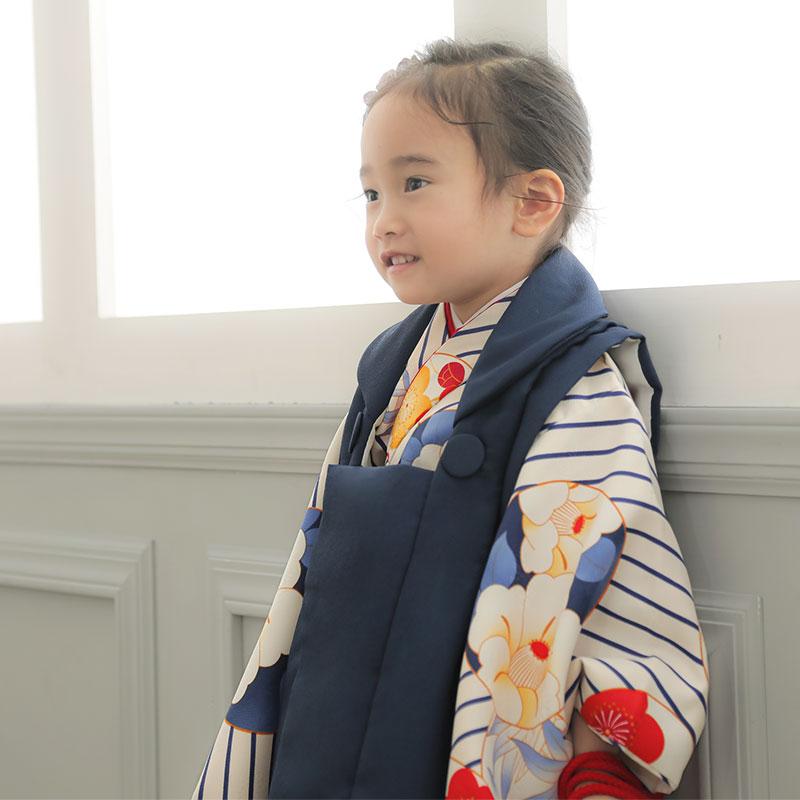 七五三 着物レンタル 3歳 753 女の子 フルセット 被布 紺無地×オフ