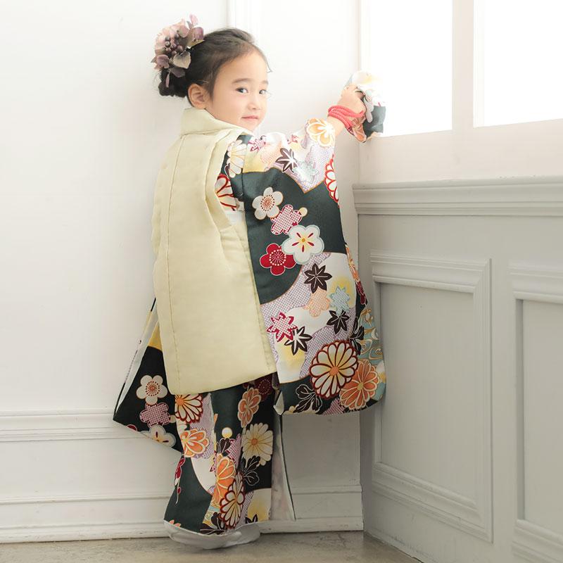 七五三 着物レンタル 3歳 753 女の子 フルセット 被布 クリーム椿×深緑