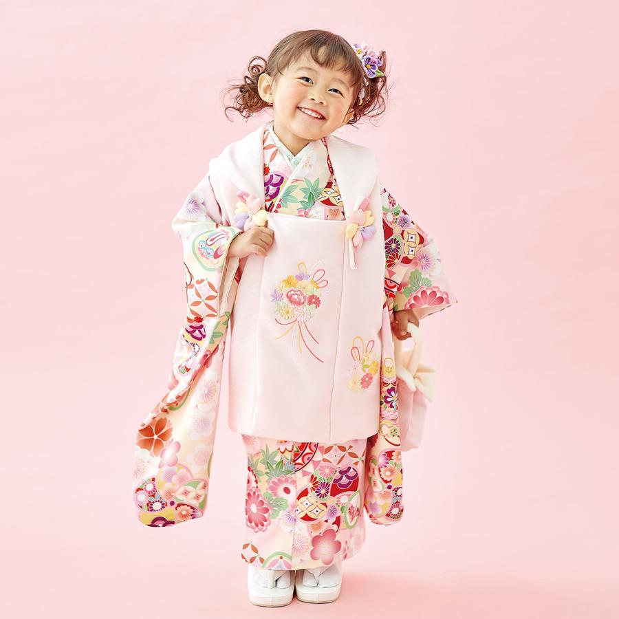 510ag29□七五三 三歳 女児 着物&被布 金彩 四季花籠文様□美品 七五三 着物レンタル 3歳 753 式部浪漫 ブランド着物 女の子 フル