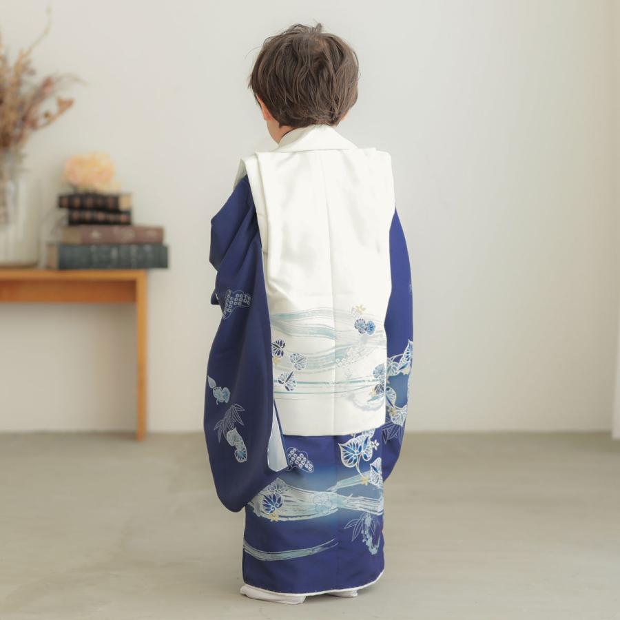七五三 着物レンタル 3歳 753 男の子 フルセット 被布 白×紺 流水に葵
