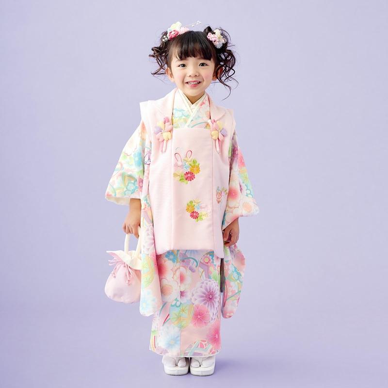 七五三用 花柄 ピンク 着物 七五三 7歳着物 レンタル フルセット ピンク 花熨斗目☆ 女の子