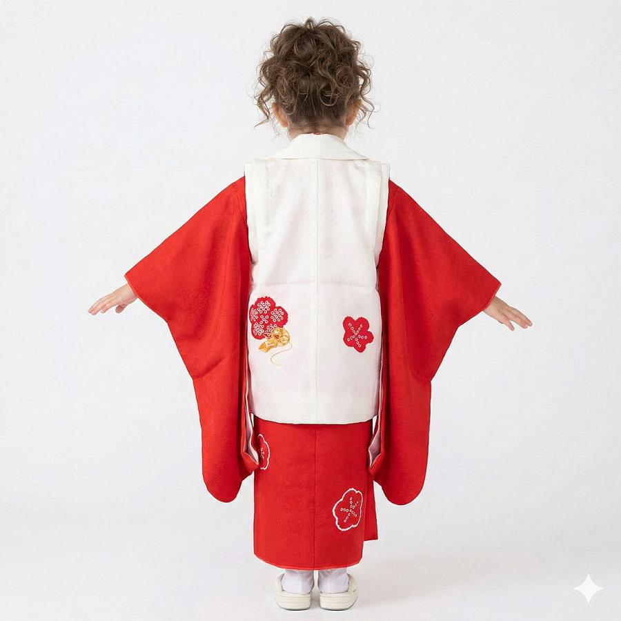 七五三 着物レンタル 3歳 753 女の子 フルセット 被布 白手毬梅×赤梅