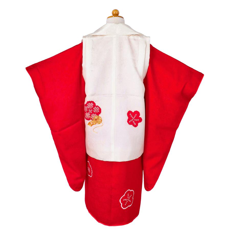 七五三★着物セット★3歳用★赤白花柄手毬 七五三 着物レンタル 3歳 753 女の子 フルセット 被布 白手毬梅×赤梅