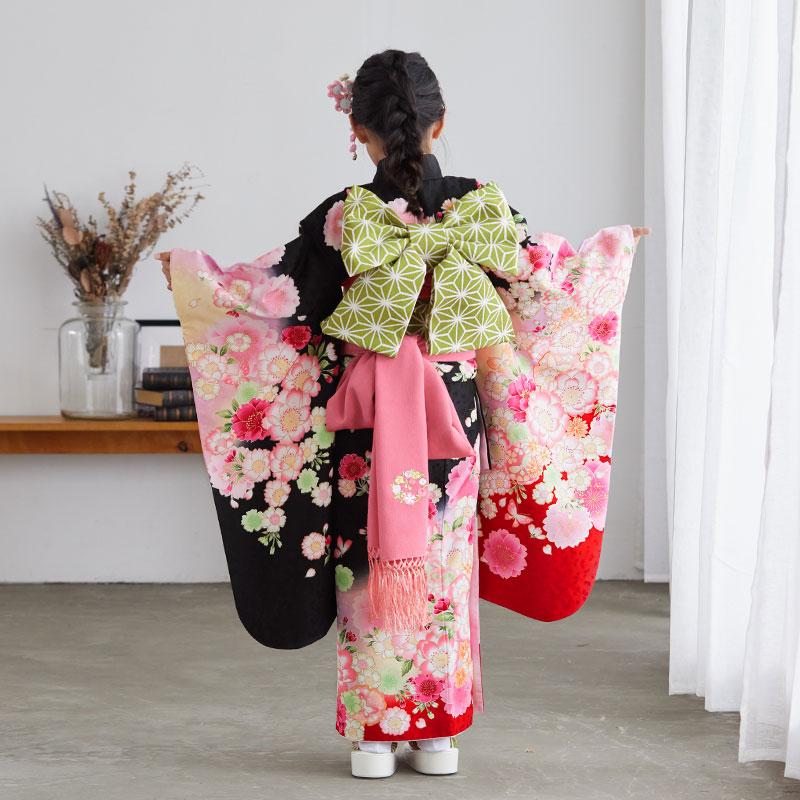 七五三 7歳着物 レンタル フルセット 黒地 八重桜と雪輪 女の子