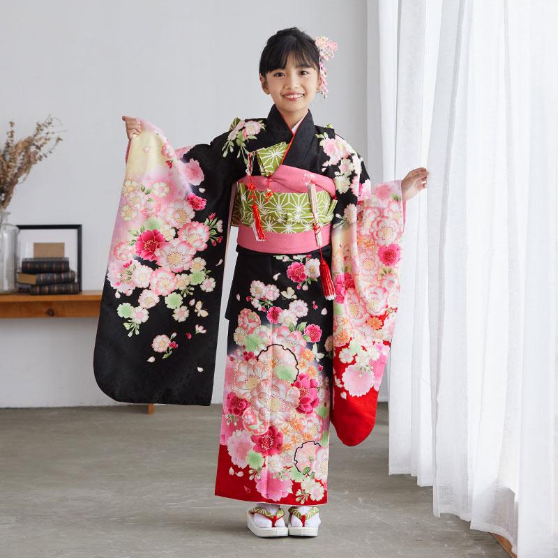 七五三 7歳 女の子 着物 フルセット 正絹 帯はこせこセット 黒地 八重桜 鞠 七五三 7歳着物 レンタル フルセット 黒地 八重桜と雪輪 女の子 七歳