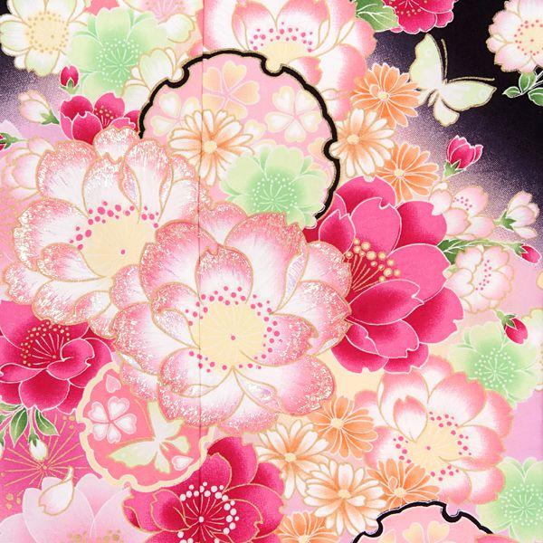 七五三 7歳着物 レンタル フルセット 黒地 八重桜と雪輪 女の子