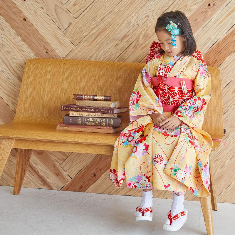 七五三 7歳着物 レンタル フルセット 黄色 花くす玉 女の子 七歳