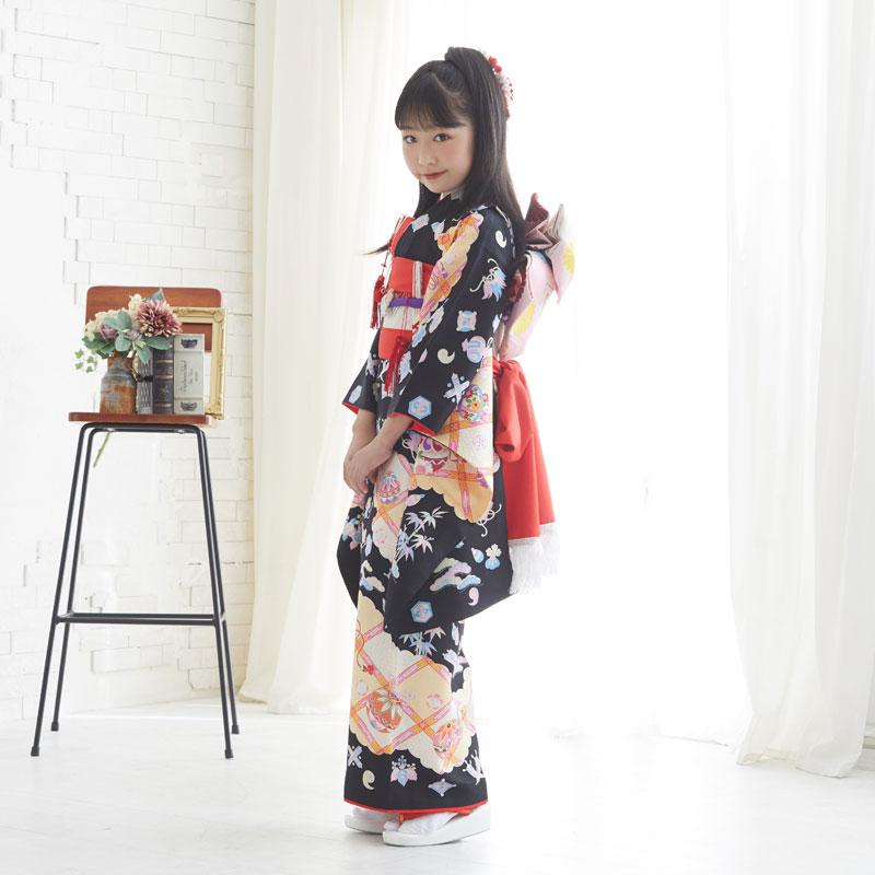 夢工房 7歳 女の子 着物 七五三　四つ身　手毬　黒 七五三 7歳着物 レンタル フルセット 式部浪漫 ブランド着物 藤