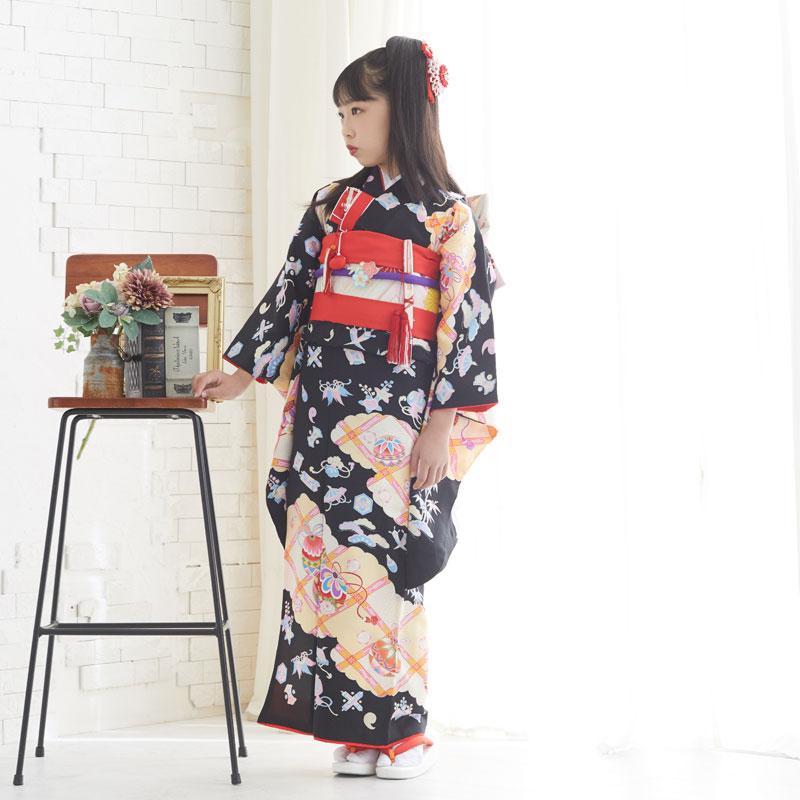 七五三 7歳着物 レンタル フルセット 黒 手鞠に宝尽くし 女の子 七歳