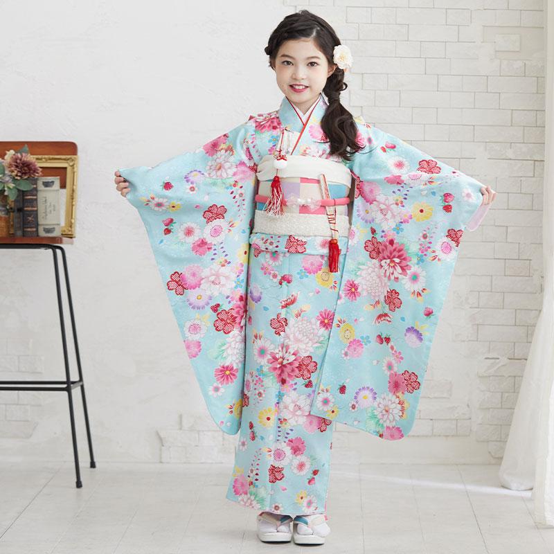 七五三 7歳着物 レンタル フルセット 水色 桜と菊花 女の子 七歳