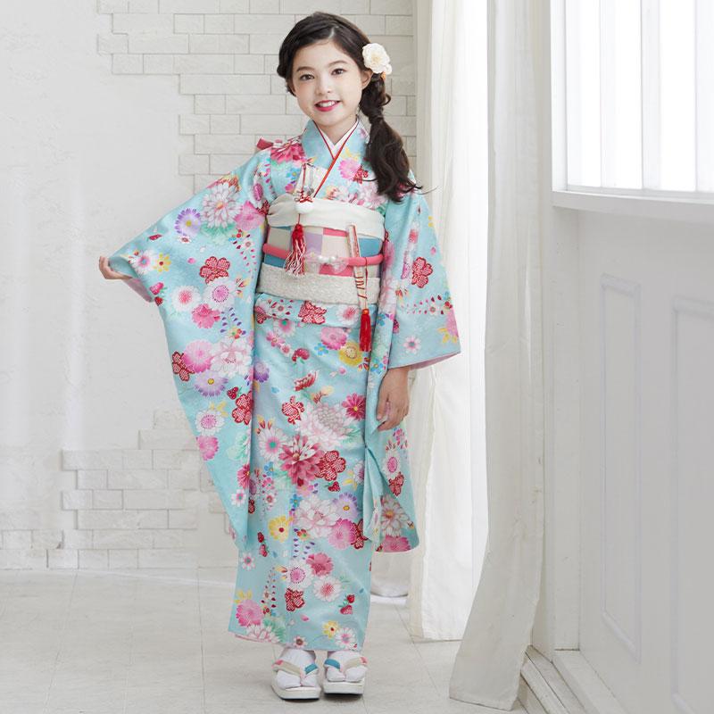 七五三 7歳着物 レンタル フルセット 水色 桜と菊花 女の子 七歳