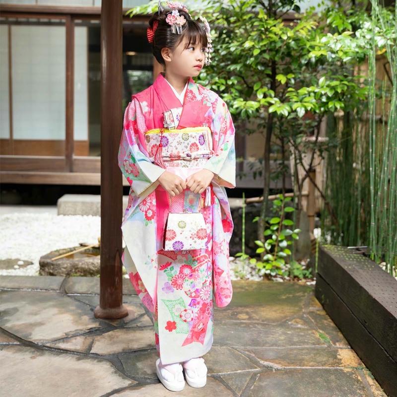 七五三 7歳着物 レンタル フルセット ピンク 花熨斗目☆ 女の子 七歳