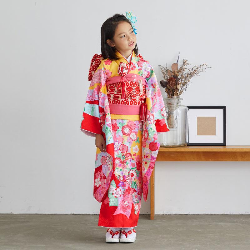 七五三 7歳着物 レンタル フルセット 黄 花熨斗目 女の子 七歳