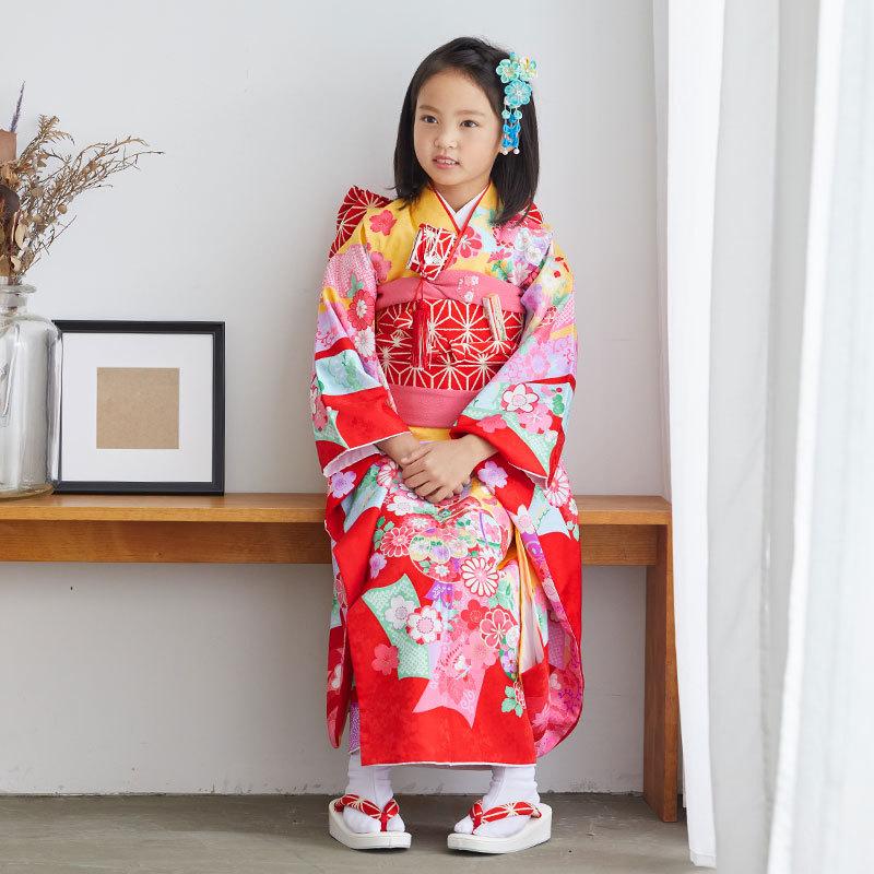 七五三 7歳着物 レンタル フルセット 黄 花熨斗目 女の子 七歳