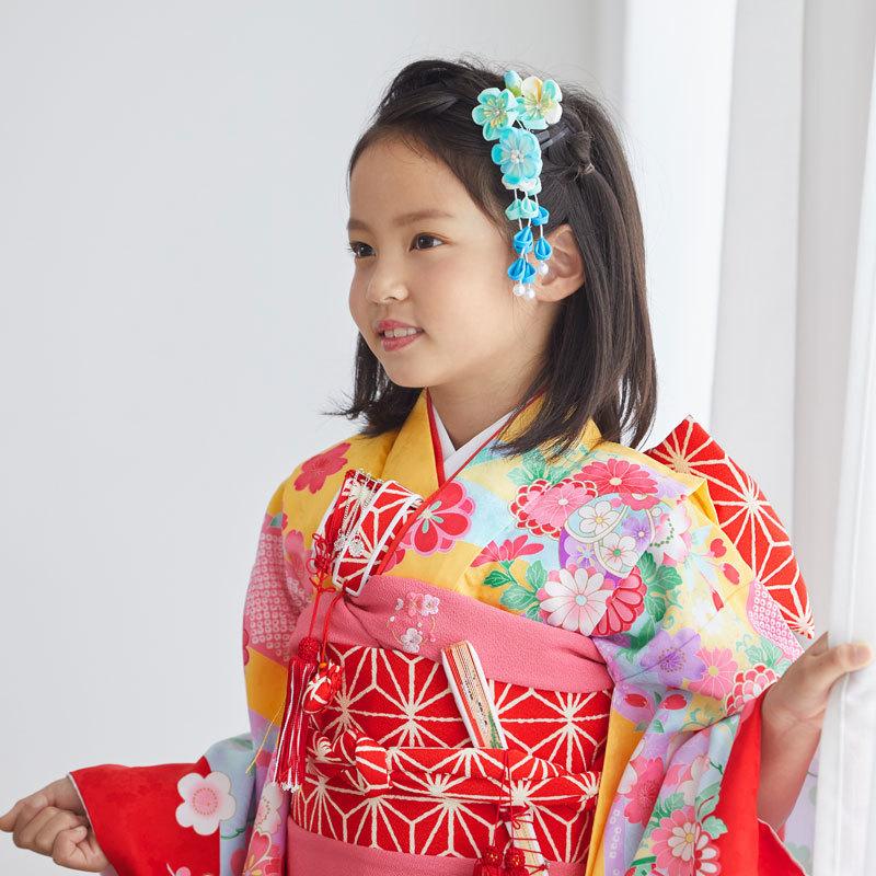 七五三 7歳着物 レンタル フルセット 黄 花熨斗目 女の子 七歳