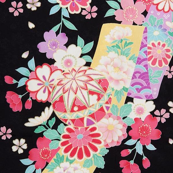 411ag17□七五三 七歳 女児 着物(未使用)&袋帯&長襦袢 毬 桜□美品 七五三レンタル(7歳女児袋帯) 7837 正絹 黒 裾赤桜まり | 着物