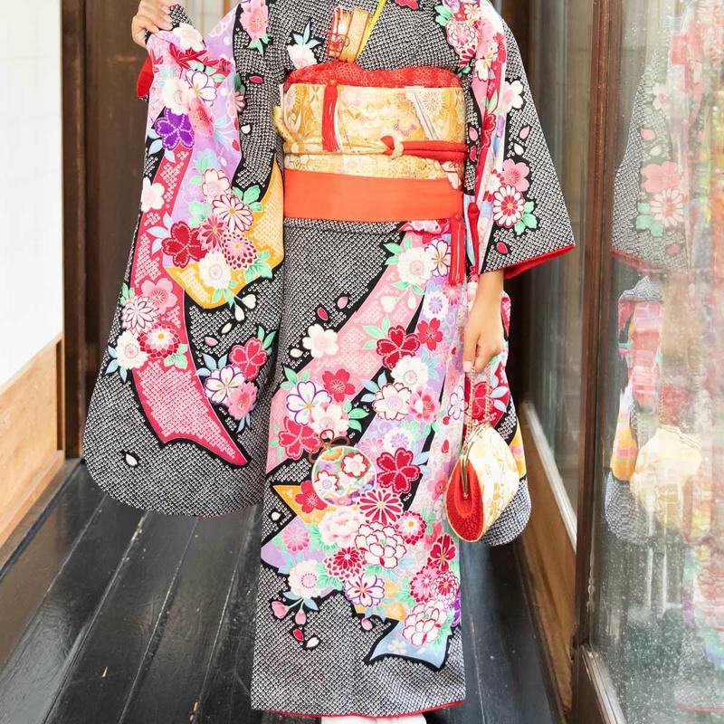 七五三 7歳着物 レンタル フルセット 黒 疋田熨斗目☆ 女の子 七歳 753