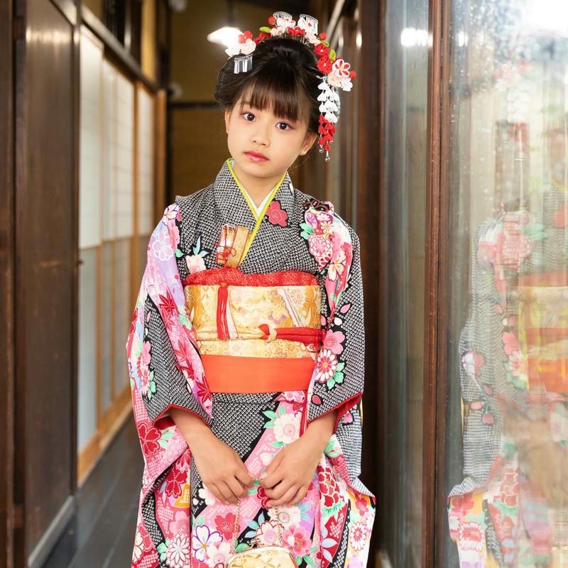 七五三 7歳着物 レンタル フルセット 黒 疋田熨斗目☆ 女の子 七歳 753