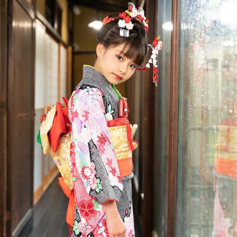 七五三 7歳着物 レンタル フルセット 黒 疋田熨斗目☆ 女の子 七歳 753