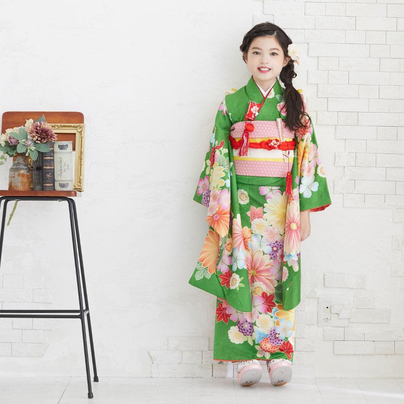 七五三 7歳着物 レンタル フルセット 紅一点 ブランド着物 緑 菊