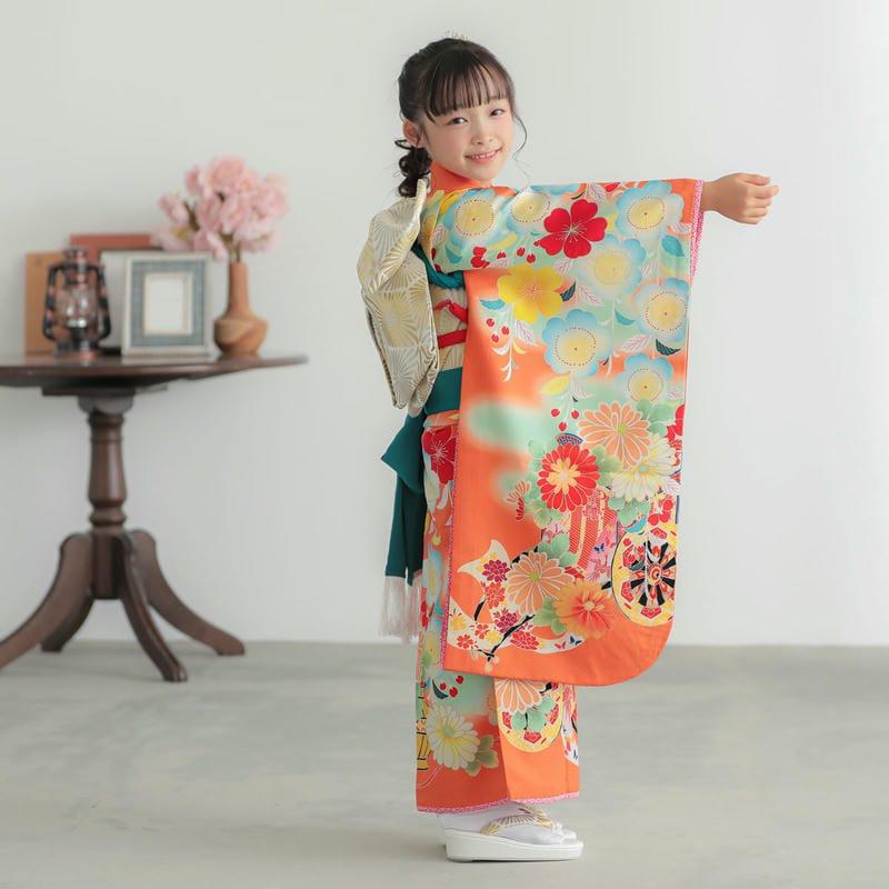 504ag36□七五三 七歳 女児 着物&袋帯&長襦袢 御所車 花□状態良好 504ag36□七五三 七歳 女児 着物&袋帯&長襦袢 御所車 花□状態良好