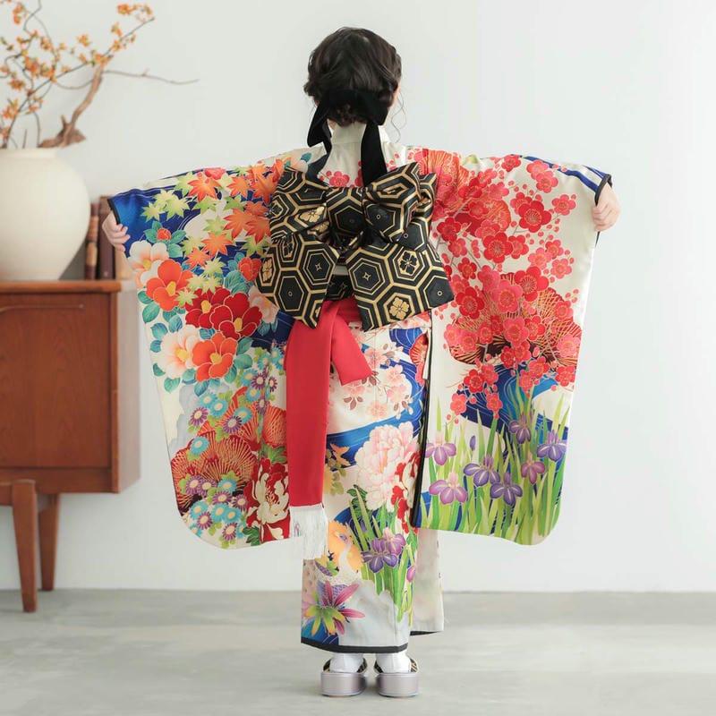 七五三　753 7歳着物フルセット　クリーム地 菊・梅柄 16点セット 七五三 7歳着物 レンタル フルセット 九重 ブランド着物