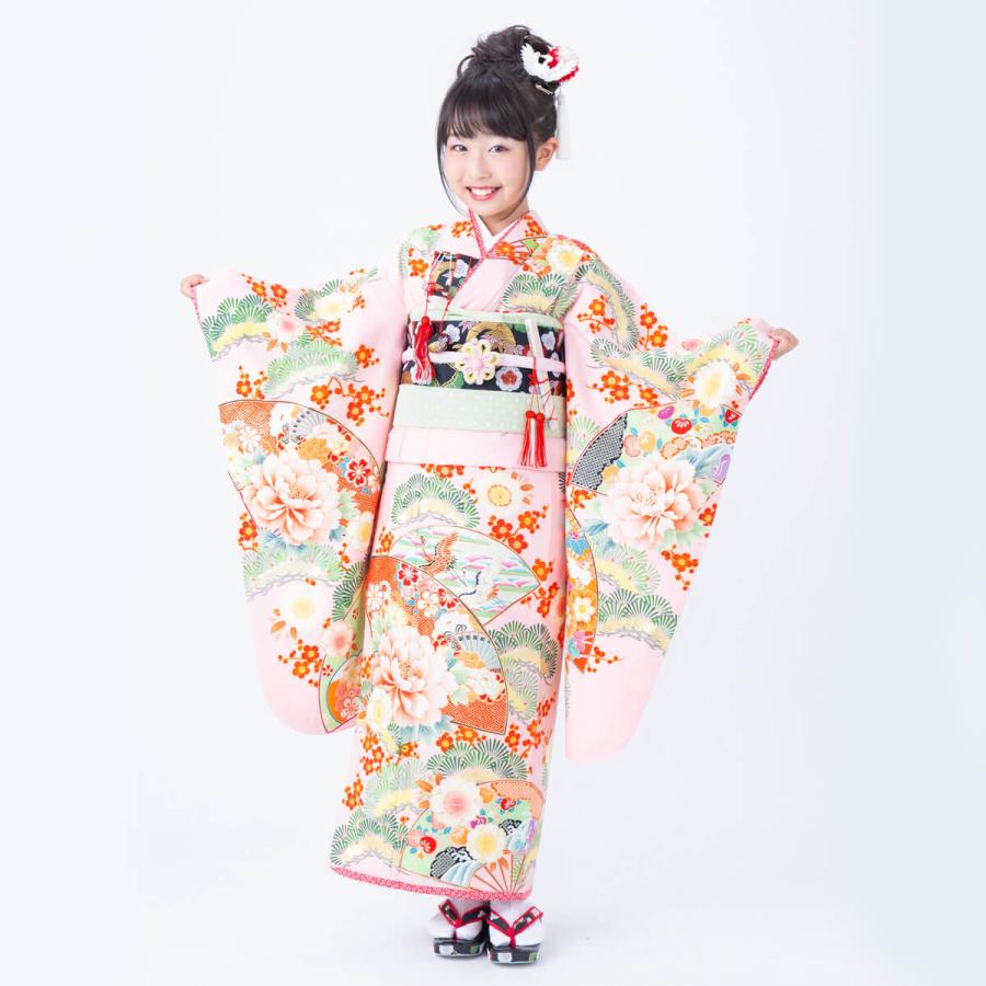 七五三 7歳着物 レンタル フルセット 乙葉 ブランド着物  ピンク 扇面松梅に牡丹 女の子 七歳 753 四つ身N056 |  | 01