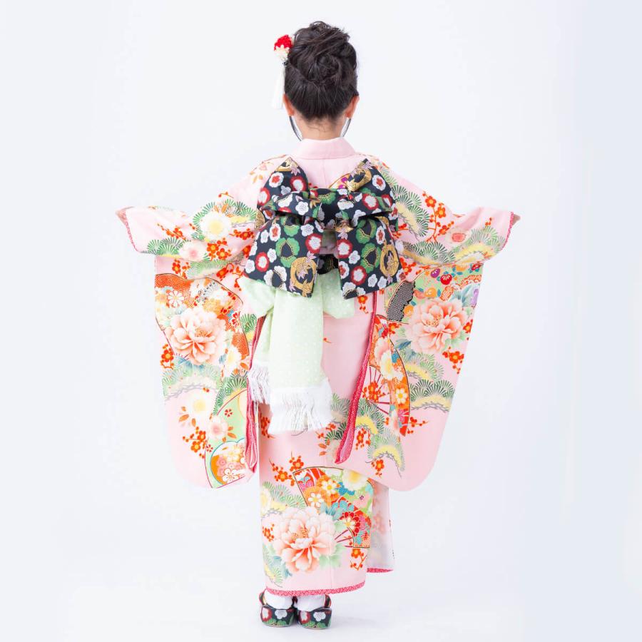 七五三 7歳着物 レンタル フルセット 乙葉 ブランド着物  ピンク 扇面松梅に牡丹 女の子 七歳 753 四つ身N056 |  | 03