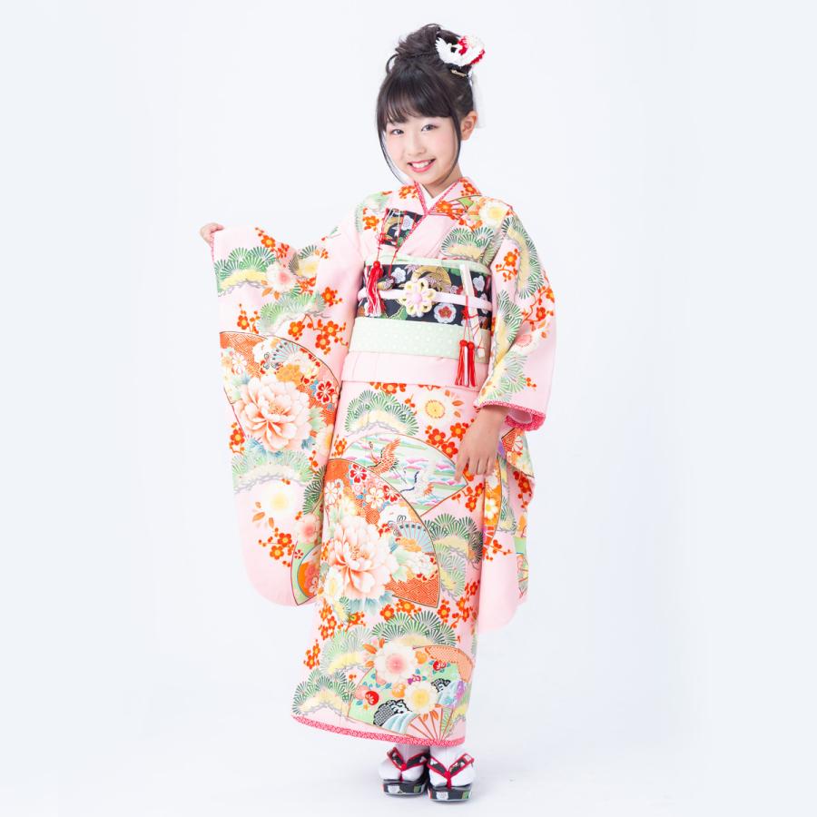 七五三 7歳着物 レンタル フルセット 乙葉 ブランド着物  ピンク 扇面松梅に牡丹 女の子 七歳 753 四つ身N056 |  | 04