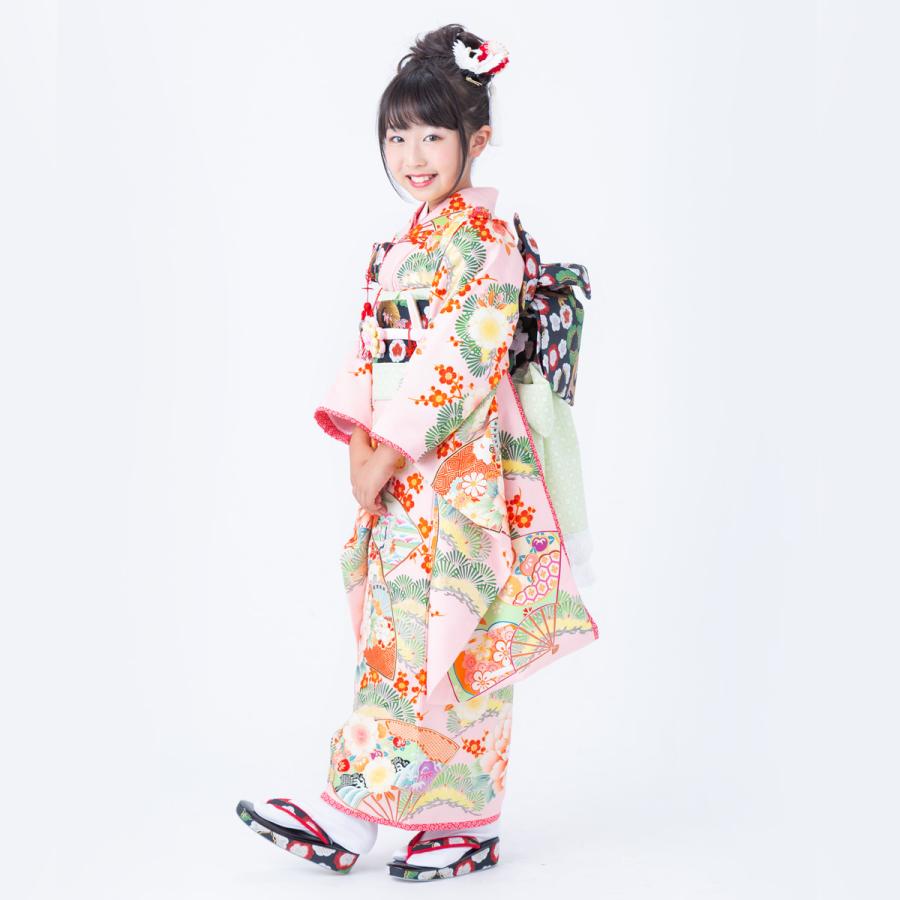 七五三 7歳着物 レンタル フルセット 乙葉 ブランド着物  ピンク 扇面松梅に牡丹 女の子 七歳 753 四つ身N056 |  | 05