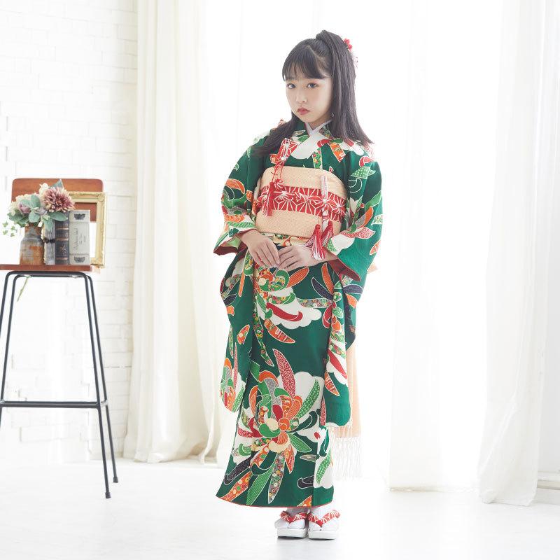 七五三　着物 緑　正絹　7歳　フルセット 七五三 7歳着物 レンタル フルセット 紅一点 ブランド着物 安い 訳あり