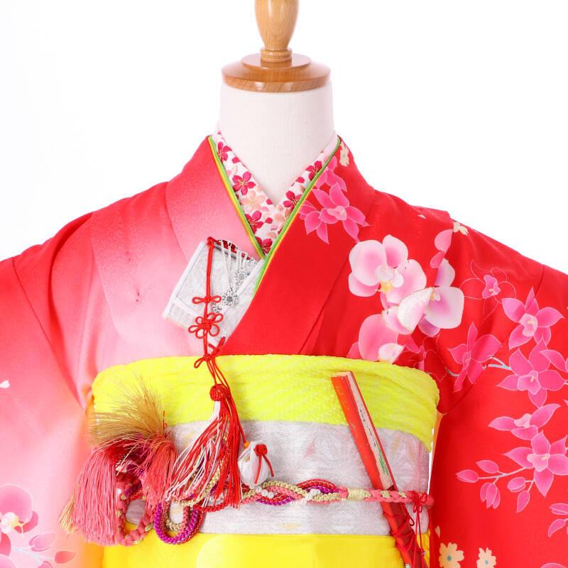 七五三 7歳 着物と小物セット 赤 花柄 七五三 7歳着物 レンタル フルセット 赤×ピンクぼかし 胡蝶蘭と