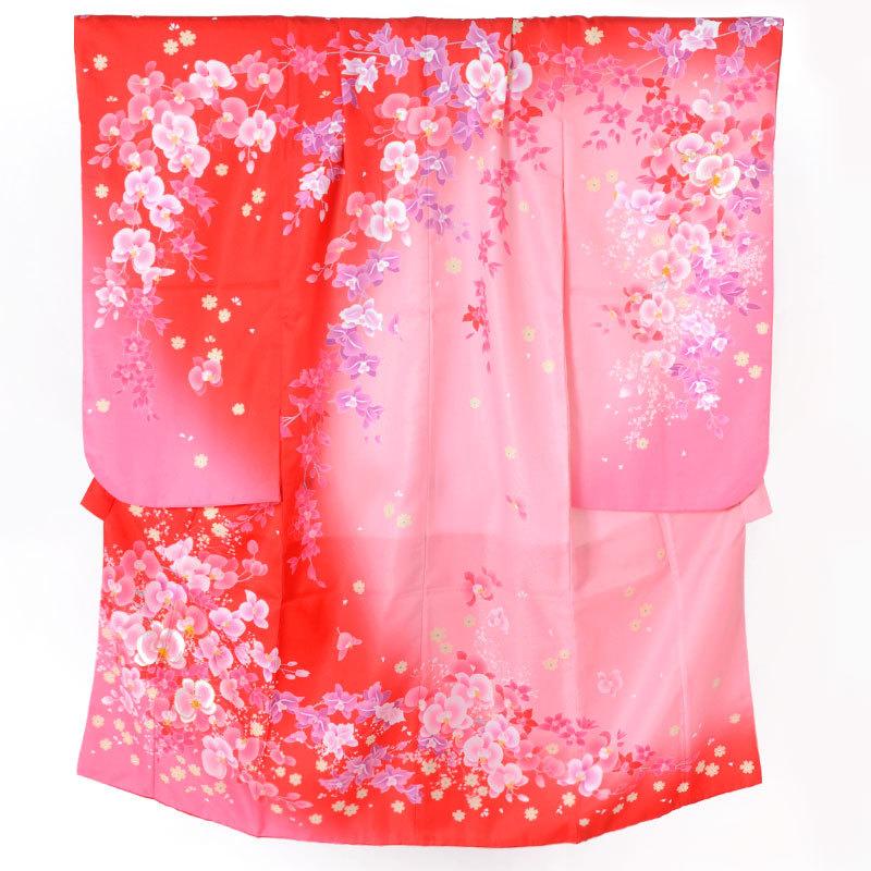 七五三 7歳着物 レンタル フルセット 赤×ピンクぼかし 胡蝶蘭とかすみ