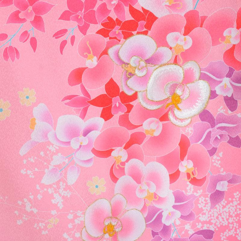 七五三 7歳着物 レンタル フルセット 赤×ピンクぼかし 胡蝶蘭とかすみ