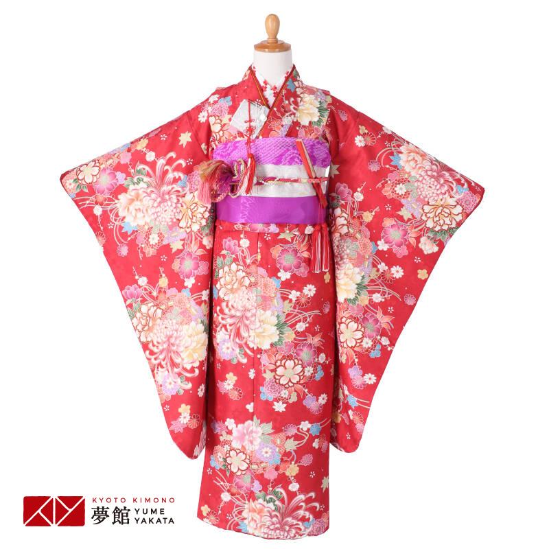 七五三 7歳着物 レンタル フルセット 赤 檜扇に花々☆ 女の子 七歳 753