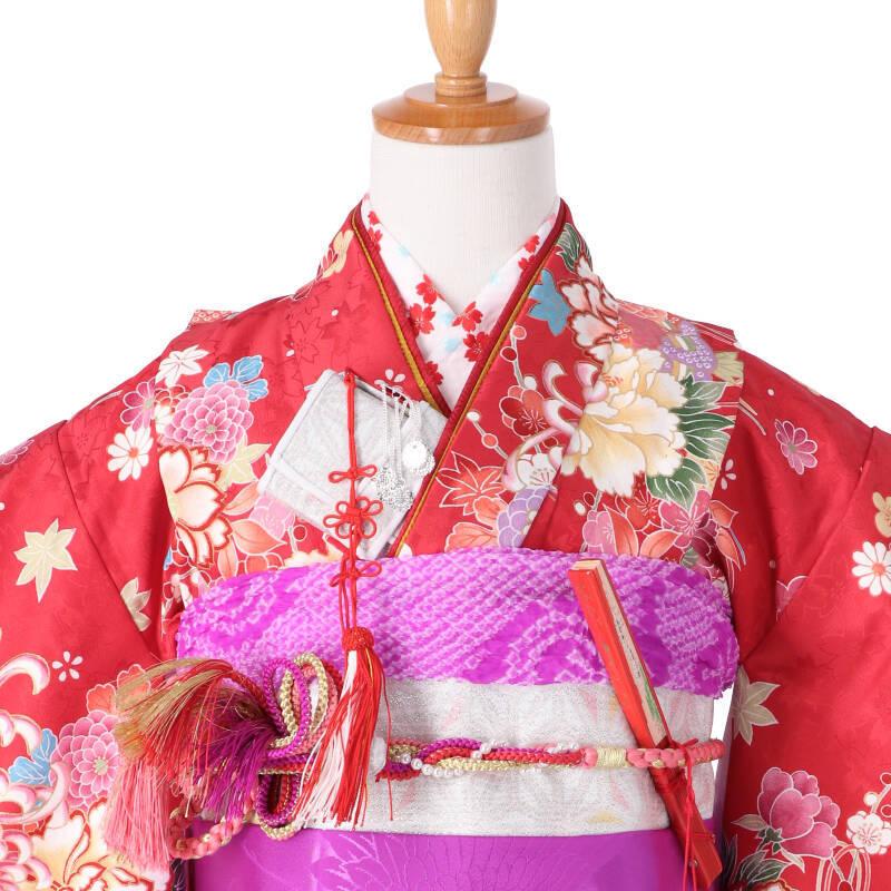 七五三 7歳着物 レンタル フルセット 赤 檜扇に花々☆ 女の子 七歳 753