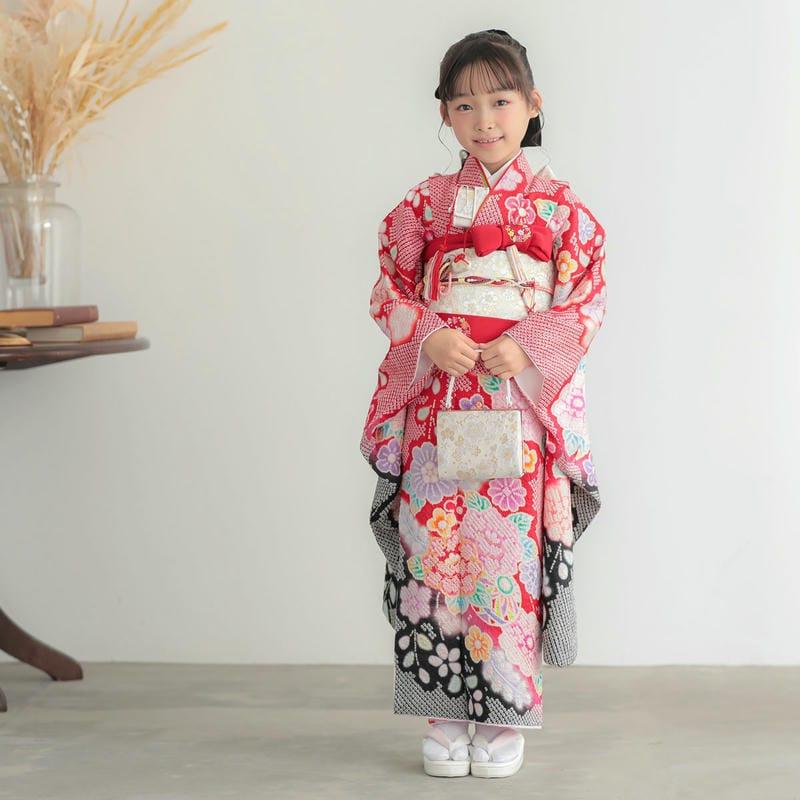 七五三 7歳着物 レンタル フルセット 赤 総絞り 牡丹に手毬 女の子 七