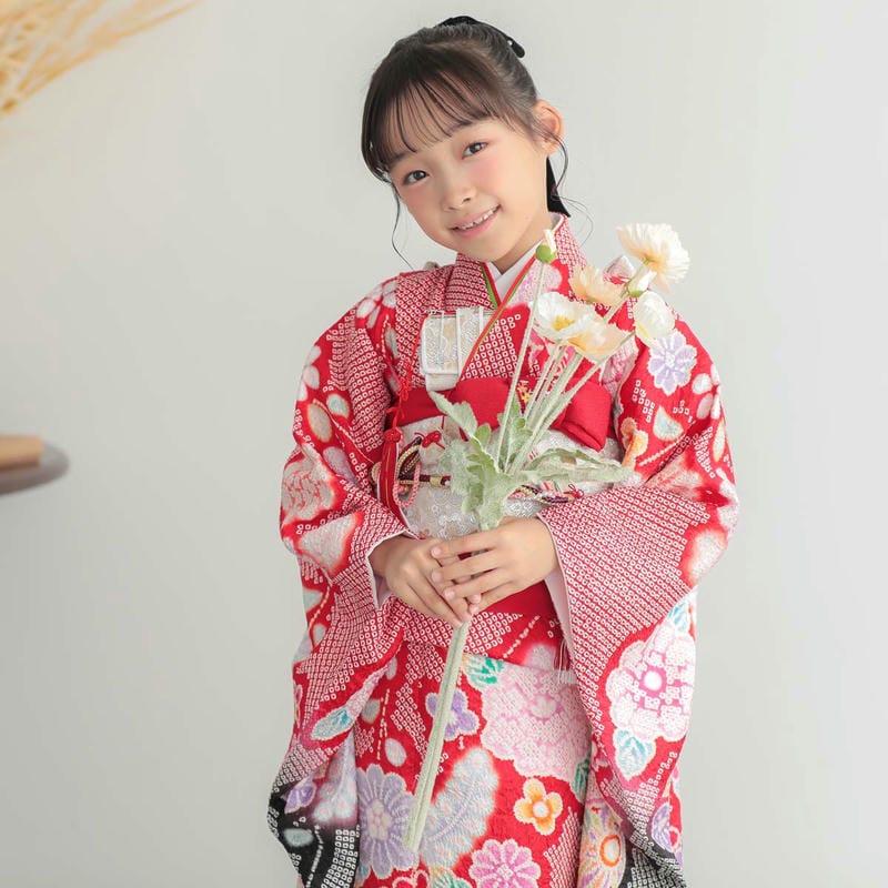 七五三 7歳着物 レンタル フルセット 赤 総絞り 牡丹に手毬 女の子 七