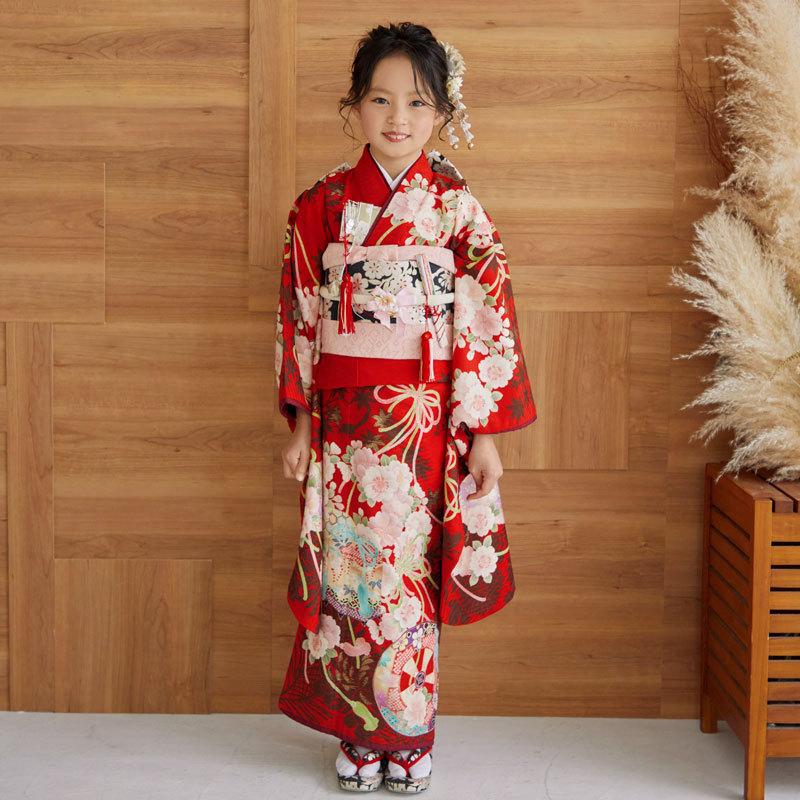 七五三 7歳着物 レンタル フルセット 華徒然 ブランド着物 赤 花丸紋に