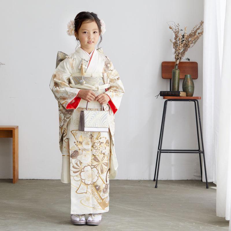 七五三 7歳着物 レンタル フルセット オフホワイト 流水に熨斗束と花々
