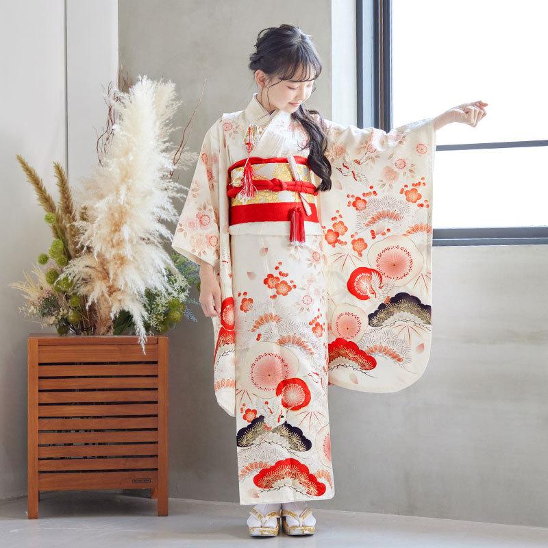 売り切り！七五三3~7歳 着物セット ふりそで 鶴と花模 金駒刺繍 金彩加工