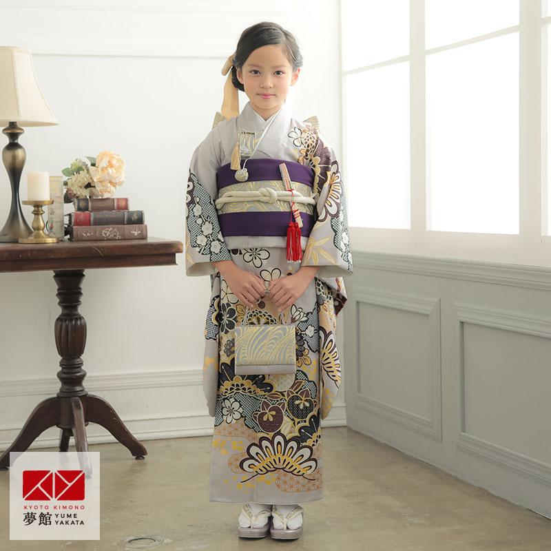 七五三 7歳着物 レンタル フルセット グレー 雲取り吉祥花