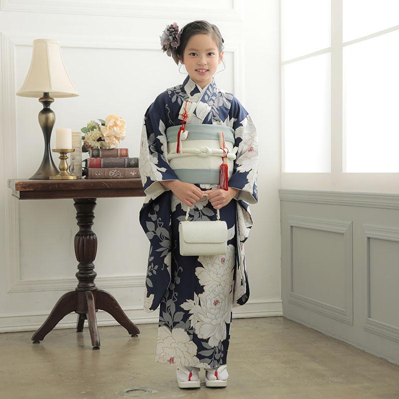 七五三 7歳着物 レンタル フルセット 紺 白牡丹 女の子 七歳 753