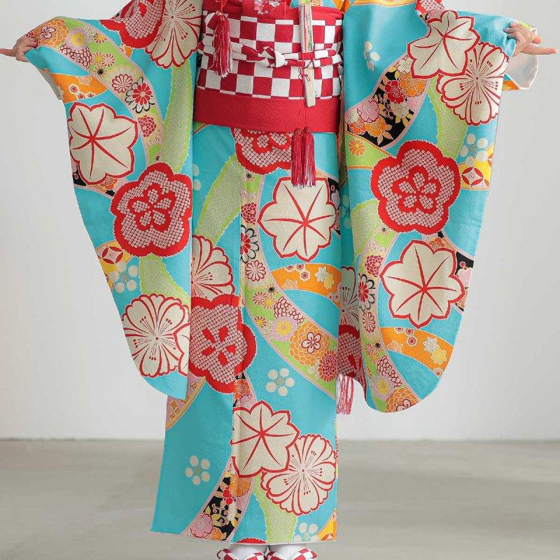 七五三 7歳着物 レンタル フルセット 紅一点 ブランド着物 水色 紅梅に