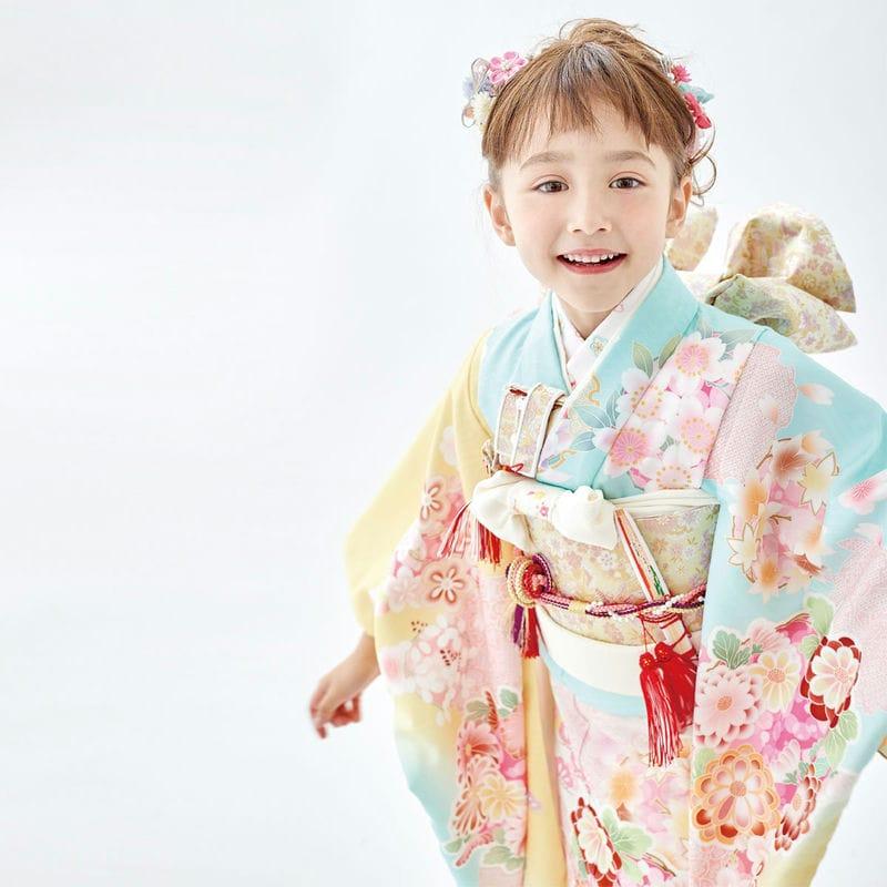 七五三　七歳　着物 七五三 7歳着物 レンタル フルセット 式部浪漫 ブランド着物 水色×黄色