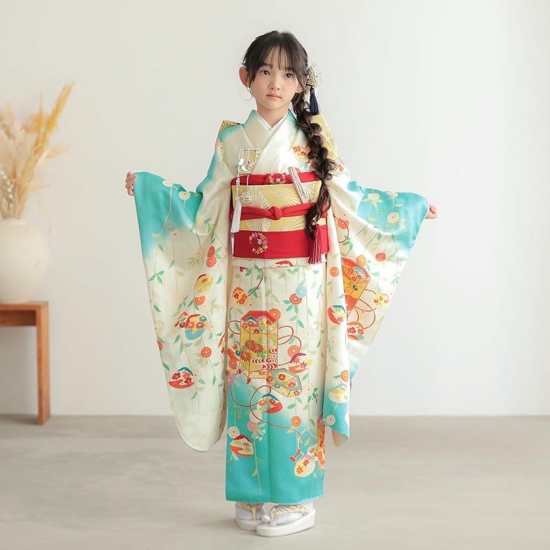 七五三 7歳着物 レンタル フルセット 吉澤の友禅 ブランド着物  水色×白 菊に貝桶 女の子 七歳 753 四つ身N147_2