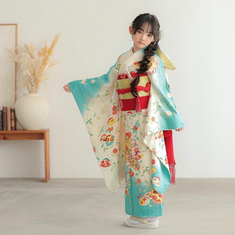 七五三 7歳着物 レンタル フルセット 吉澤の友禅 ブランド着物  水色×白 菊に貝桶 女の子 七歳 753 四つ身N147_4