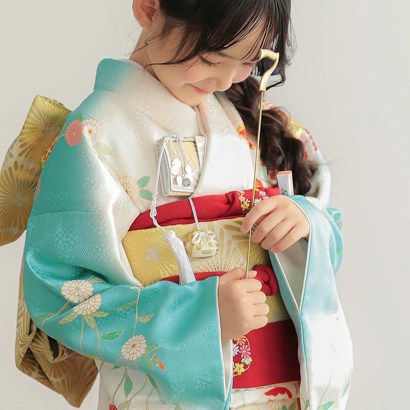 七五三 7歳着物 レンタル フルセット 吉澤の友禅 ブランド着物  水色×白 菊に貝桶 女の子 七歳 753 四つ身N147_7