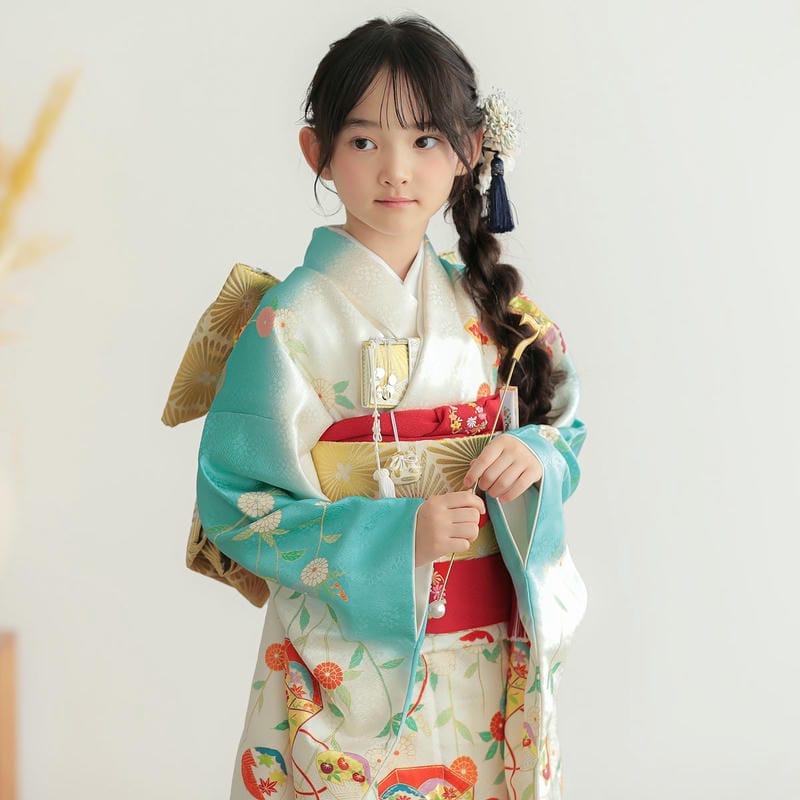 七五三 7歳着物 レンタル フルセット 吉澤の友禅 ブランド着物  水色×白 菊に貝桶 女の子 七歳 753 四つ身N147_8