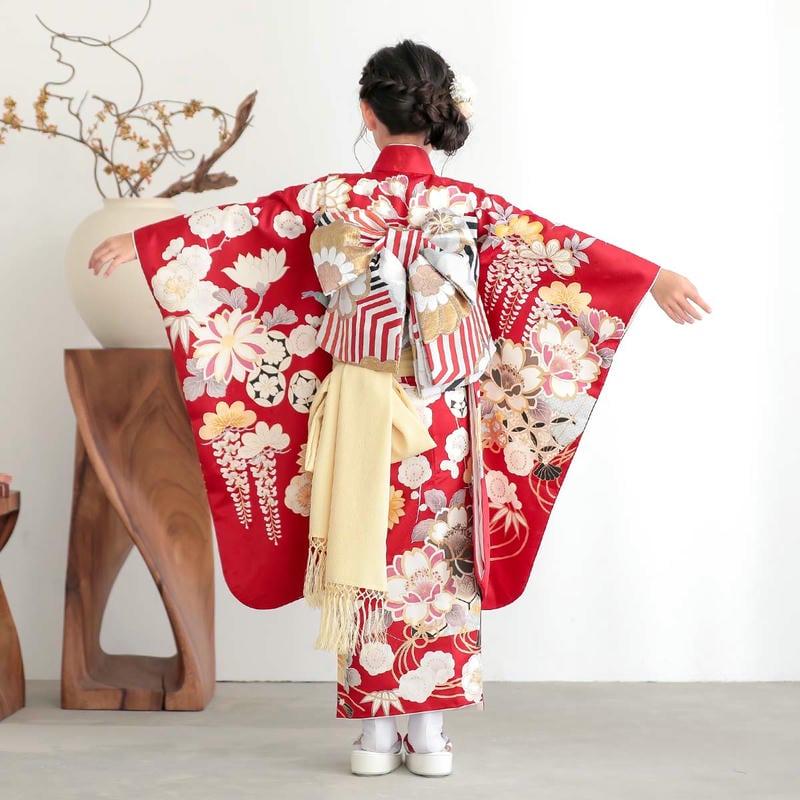 408ag43□七五三 七歳 女児 着物&開き帯＆長襦袢 金彩 扇 桜□状態良好 七五三 7歳 四つ身着物フルセット ブランド Shikibu Roman 式部